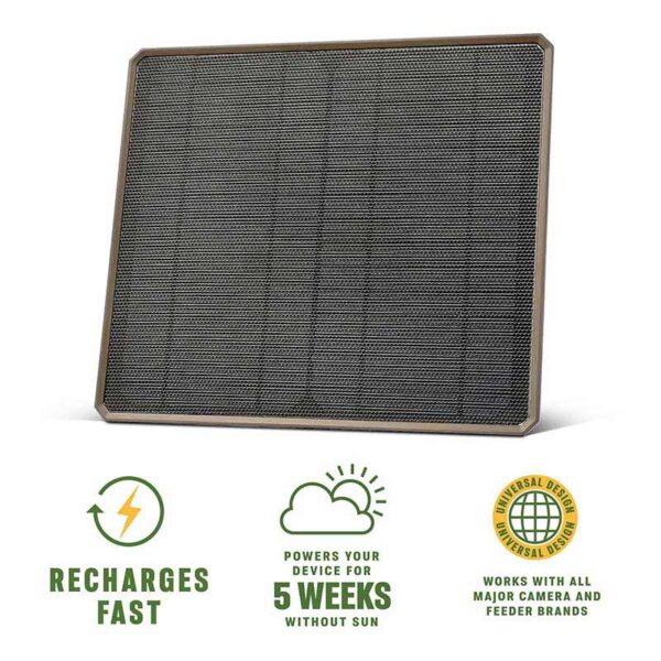 Graphic displaying specs for the 10W Universal Solar Power Pack. Recharges Fast, Powers your device for 5 weeks without sun, Works with all major cameras and feeder brands